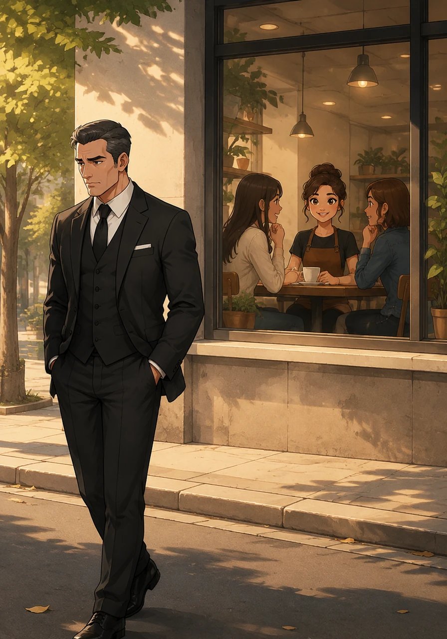 On a sunny afternoon, Marcus stands across the street from the familiar coffee shop, watching Maya smile through the window with her friends. With a bittersweet sigh, he turns and walks away, choosing to step back from her life to keep her safe from his dangerous world. It is his greatest sacrifice, made out of selfless love rather than fear.
