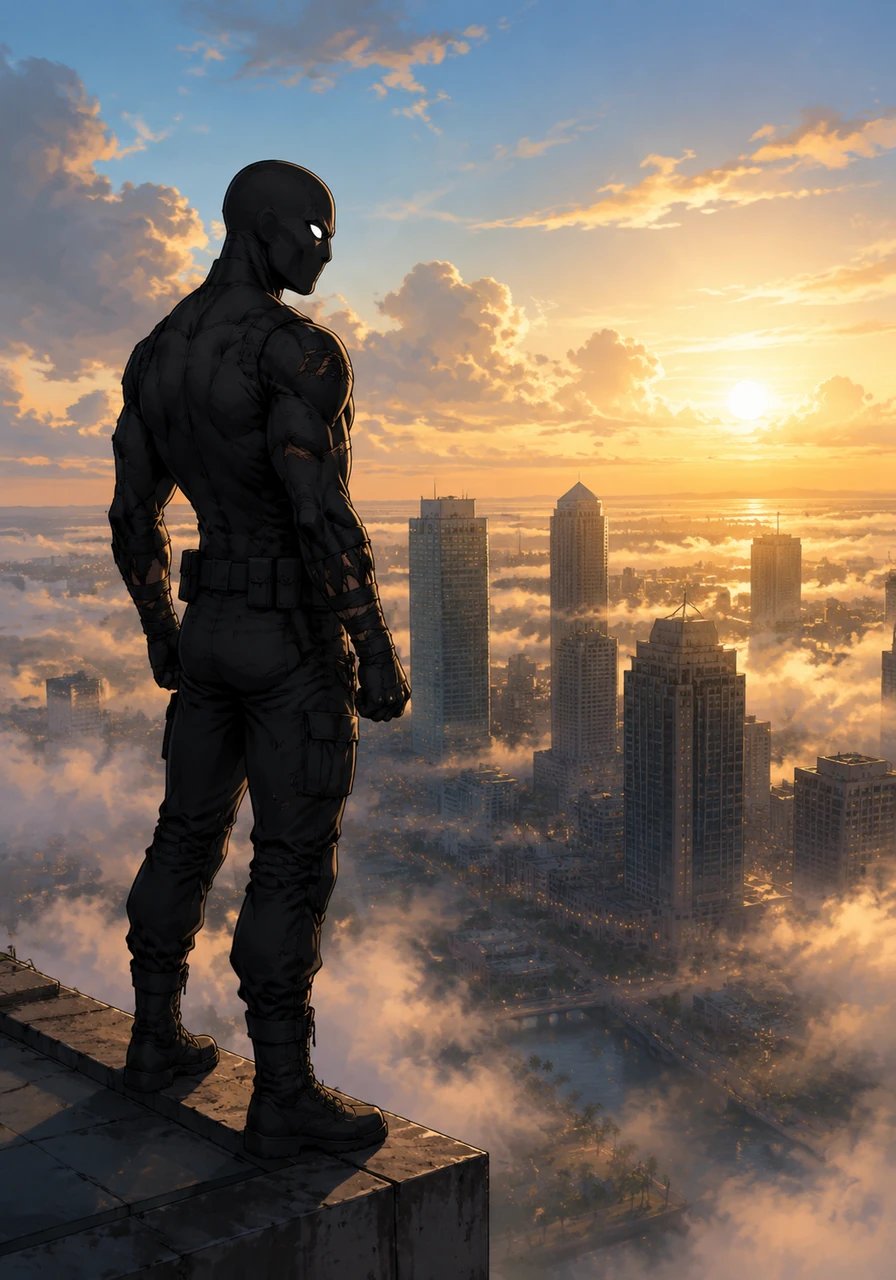 Perched atop a soaring Tampa skyscraper as the golden morning sun burns away the sea fog, The Hood looks out over his home. His heart is no longer weighted down by bitter hatred, but lifted by a newfound faith in justice and renewal. Wrapped in his black suit, he stands vigilant, ready to protect the city with hope for a brighter tomorrow.