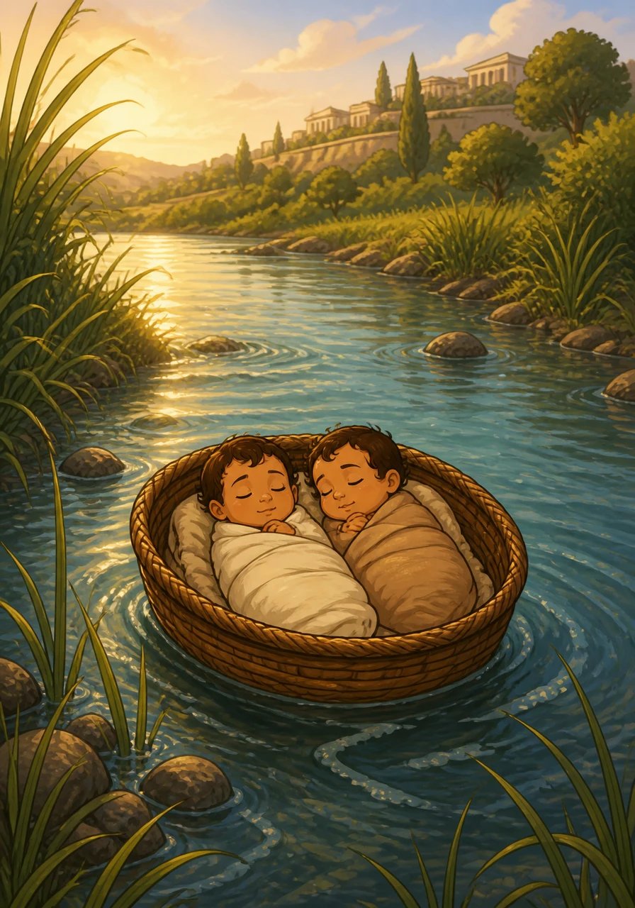 Nel regno di Alba Longa nacquero due gemelli speciali di nome Romolo e Remo. Nel timore che potessero un giorno reclamare il trono, il malvagio re Amulio ordinò di porre i neonati in una cesta e di abbandonarli alle correnti del fiume Tevere.