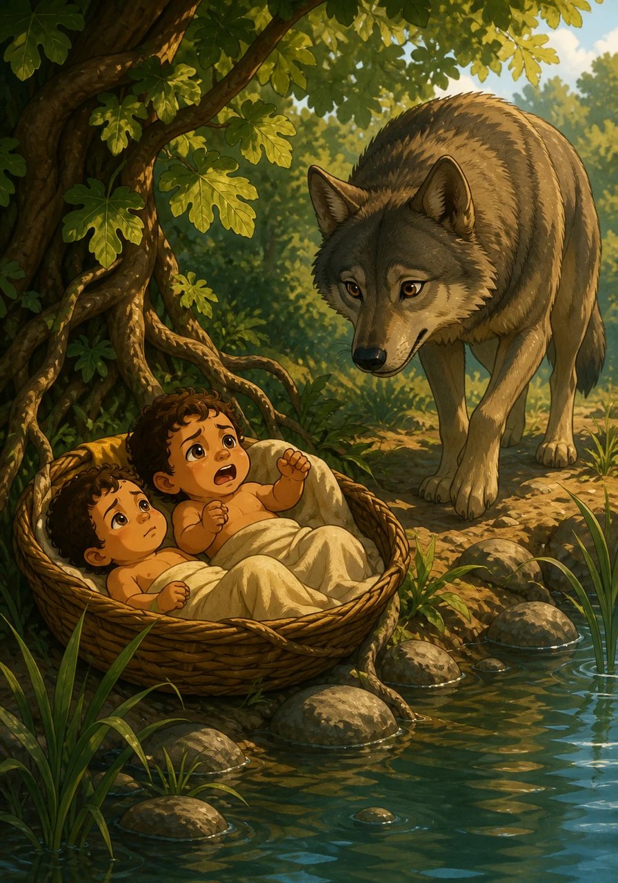 Il fiume trasportò delicatamente la cesta fino alle sponde del colle Palatino, facendola incastrare tra i rami di un alberello di fico. Attirata dal dolce pianto dei fratellini, una maestosa lupa uscì dal bosco vicino per curiosare.