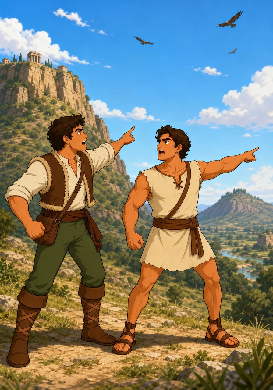 I due fratelli entrarono in discussione su quale fosse il colle migliore: Romolo voleva edificare sul Palatino, mentre Remo preferiva l'Aventino. Decisero così di interpretare la volontà degli dei osservando il volo dei volatili nel cielo.