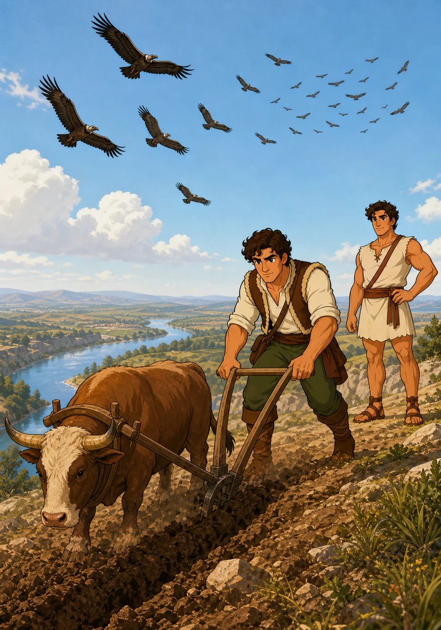 Remo avvistò sei avvoltoi per primo, ma Romolo ne vide ben dodici sorvolare il Palatino. Riconoscendo questo segno favorevole degli dei, Romolo prese un aratro e tracciò con cura il solco sacro per delineare i confini della nuova città.