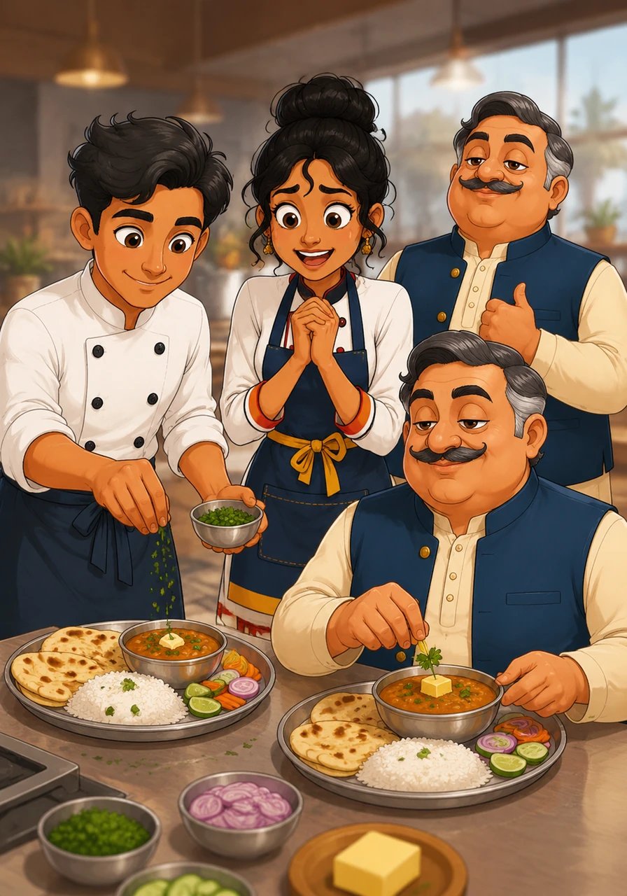 समय तेज़ी से बीत रहा था और आख़िरी दस मिनट बचे थे। विक्रम ने थाली सजाते हुए अनन्या से कहा, "अनन्या, ताज़ा धनिया और मक्खन से इसे आखिरी रूप दो!" रघु काका ने गर्व से कहा, "तुम्हारी मेहनत इस थाली में साफ झलक रही है।" कपूर साहब ने अपनी डिश सजाते हुए घमंड से कहा, "जीत तो मेरी ही होगी।"