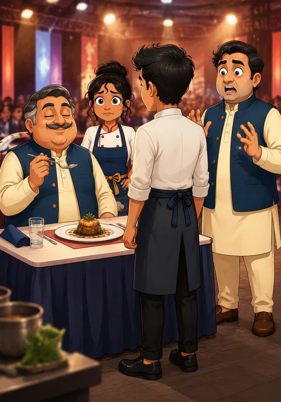 जज मेहरा जी ने विक्रम की डिश से पहली चम्मच उठाई और पूरे हॉल में सन्नाटा छा गया। मेहरा जी ने आँखें बंद कीं और मुस्कुराकर बोले, "अद्भुत! कड़वाहट, खट्टास और मिठास का ऐसा अनोखा संतुलन मैंने कभी नहीं चखा।" कपूर साहब का चेहरा पीला पड़ गया और वे हकलाते हुए बोले, "यह कैसे संभव है?"