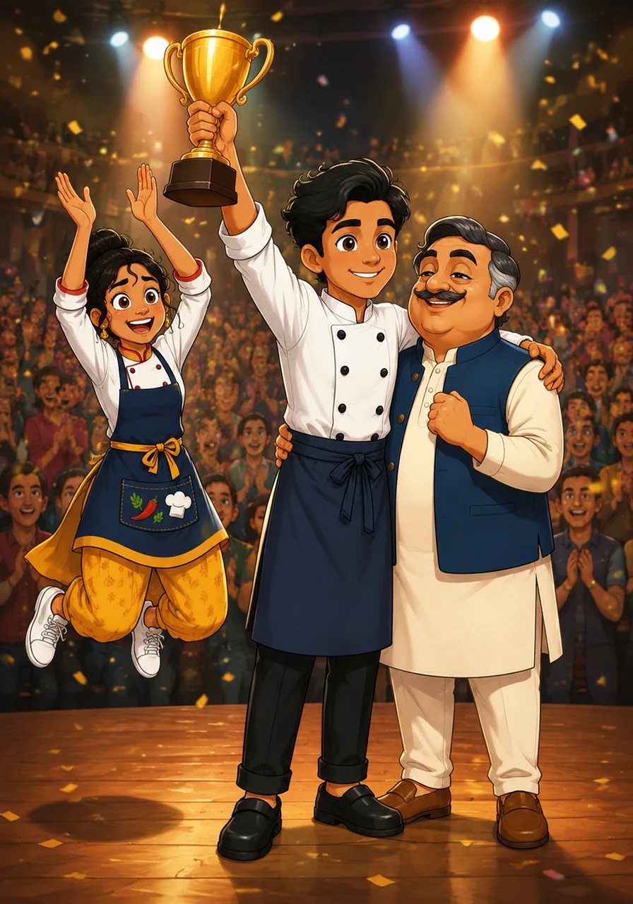 माइक पर घोषणा हुई, "इस साल के विजेता हैं—शेफ विक्रम!" पूरे हॉल में तालियों की गड़गड़ाहट गूँज उठी और अनन्या ख़ुशी से झूम उठी। विक्रम ने ट्रॉफी उठाकर रघु काका को गले लगाया और कहा, "यह जीत हमारे विश्वास की है।" रघु काका ने प्यार से कहा, "सच्चा शेफ वही है जो हर चुनौती का स्वाद बदल दे।"