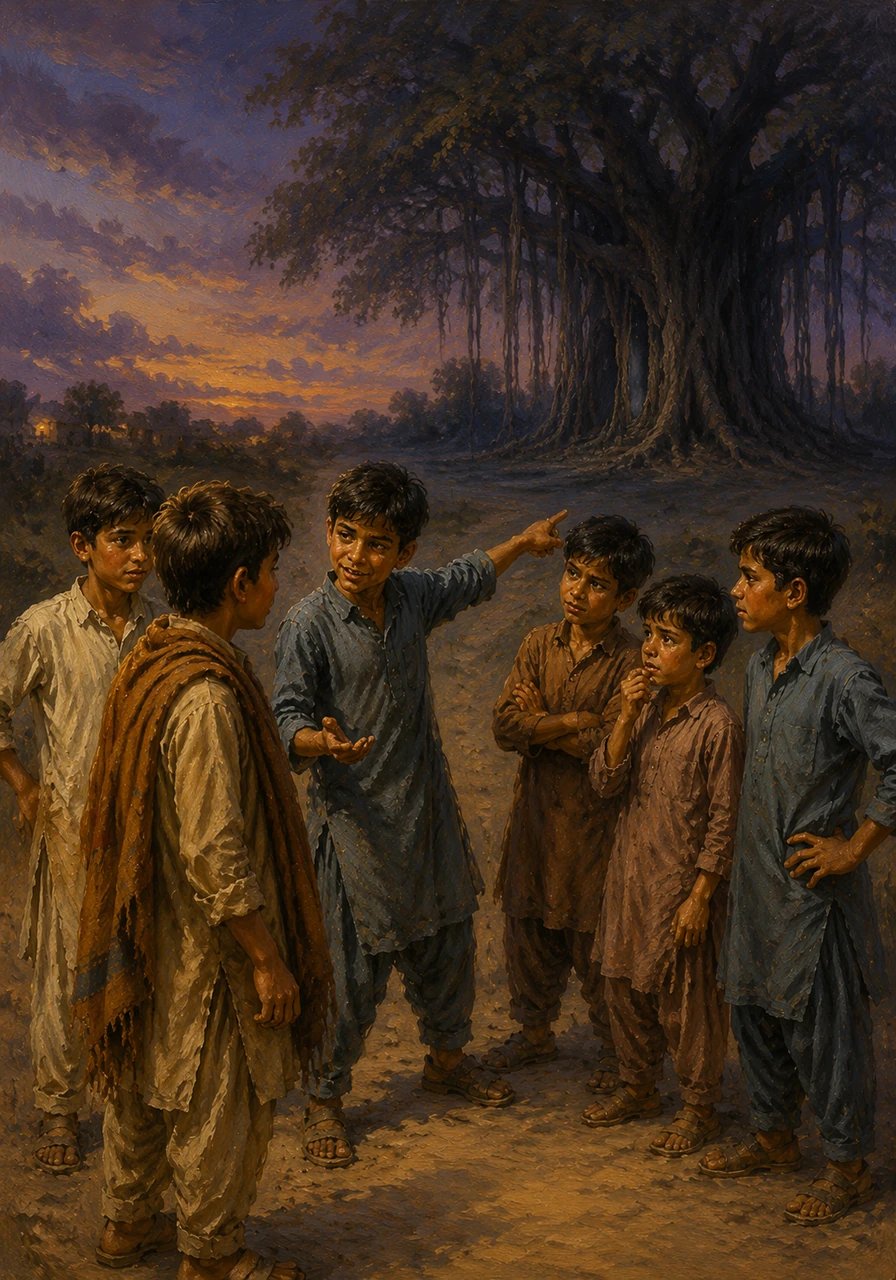 ایک شام جب سب دوست جمع تھے، تو انہوں نے علی کو ایک چیلنج دیا۔ انہوں نے کہا کہ اگر وہ واقعی بہادر ہے تو آج رات اندھیرے میں اس پرانے برگد کے درخت کے پاس جا کر دکھائے۔
