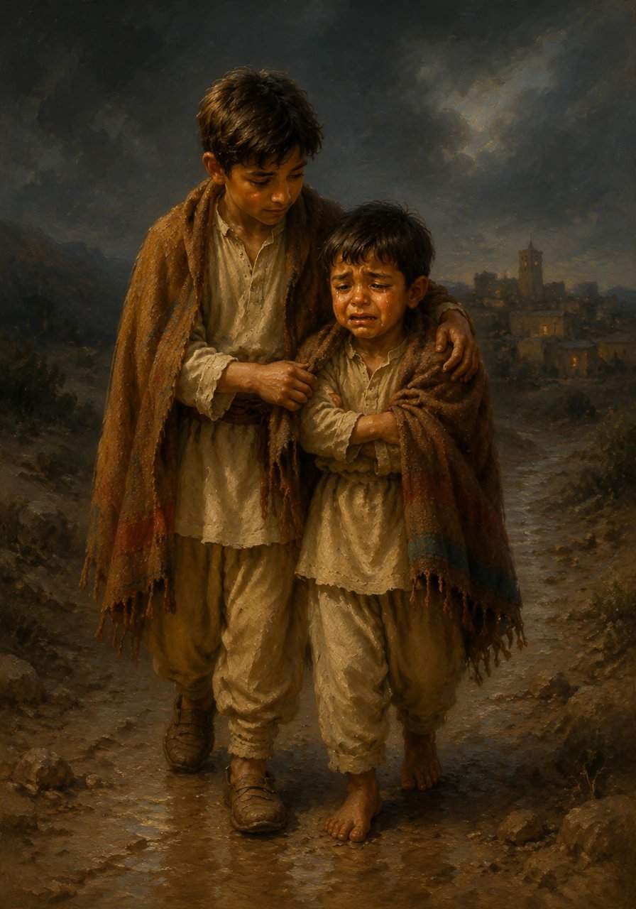 علی نے نرمی سے بچے کے کندھے پر ہاتھ رکھا اور اسے تسلی دی کہ اب ڈرنے کی کوئی بات نہیں ہے۔ اس نے اپنا گرم کمبل بچے کو اڑھایا اور اسے سہارا دے کر گاؤں کی طرف لے جانے لگا۔