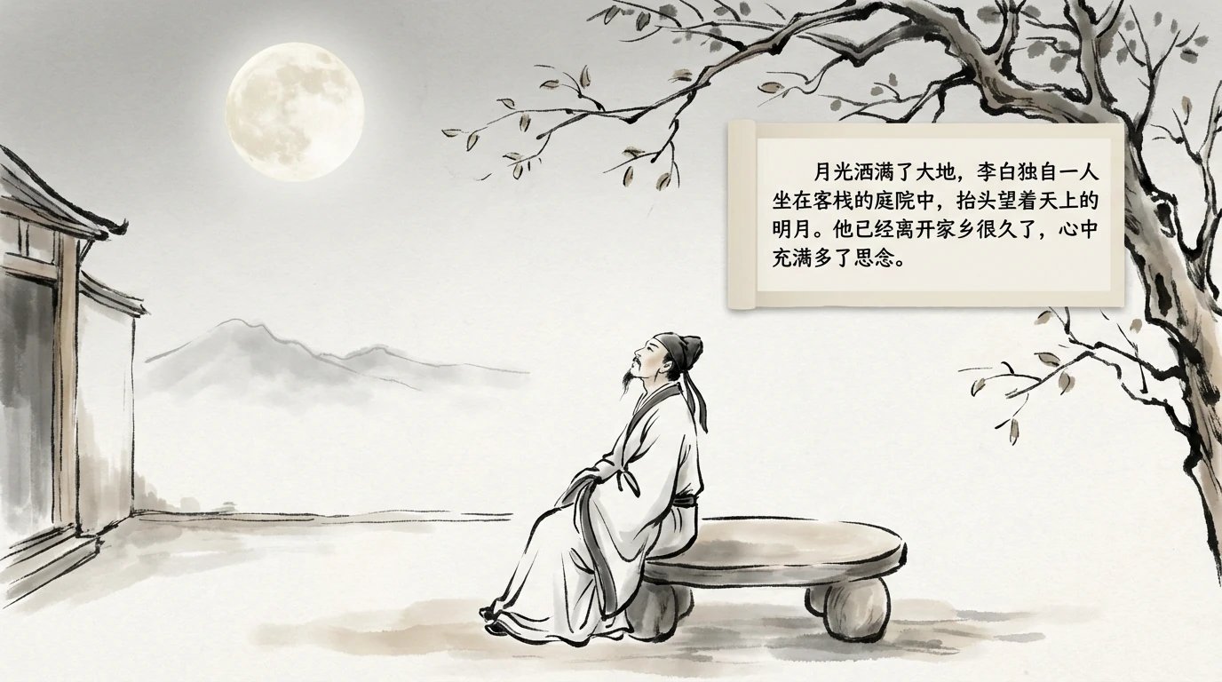 月光洒满了大地,李白独自一人坐在客栈的庭院中,抬头望着天上的明月。他已经离开家乡很久了,心中充满了思念。