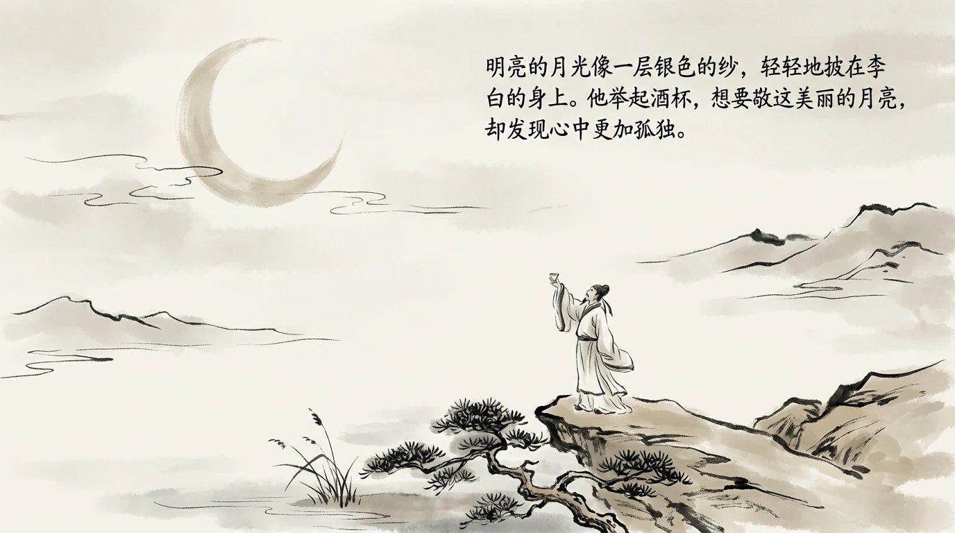 明亮的月光像一层银色的纱,轻轻地披在李白的身上。他举起酒杯,想要敬这美丽的月亮,却发现心中更加孤独。