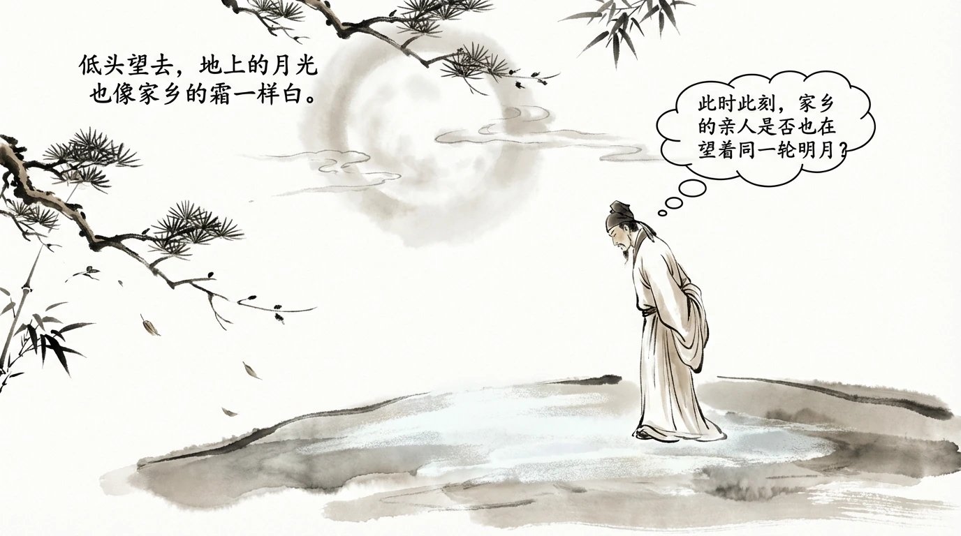 低头望去,地上的月光也像家乡的霜一样白。李白不禁想起,此时此刻,家乡的亲人是否也在望着同一轮明月?