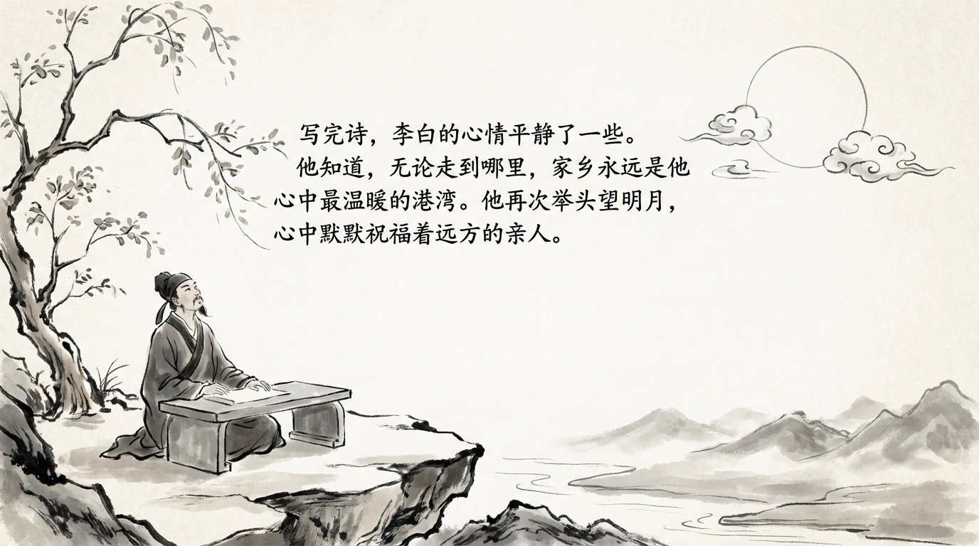 写完诗,李白的心情平静了一些。他知道,无论走到哪里,家乡永远是他心中最温暖的港湾。他再次举头望明月,心中默默祝福着远方的亲人。