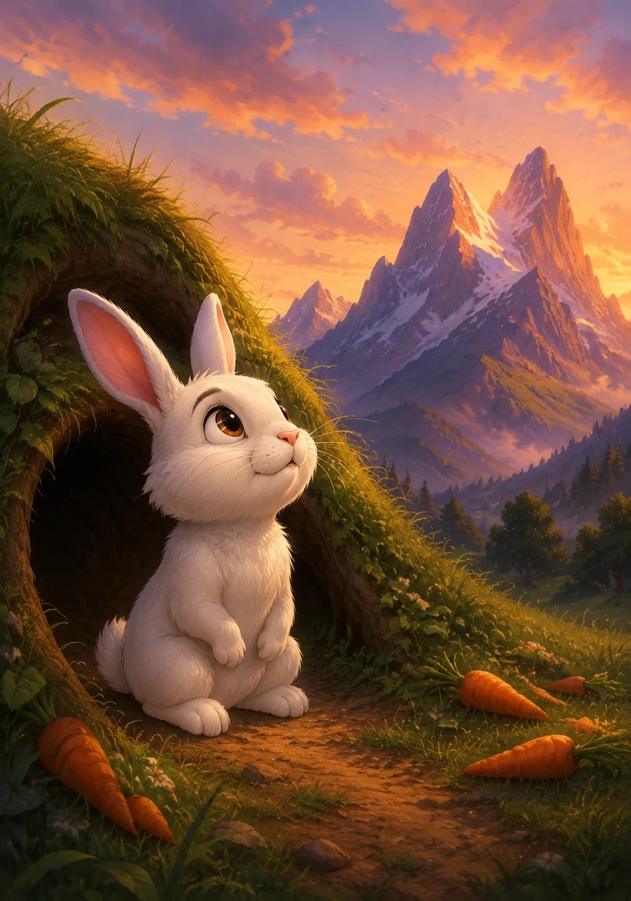 Pinpin le lapin ne se contentait pas de grignoter des carottes comme les autres ; il passait ses soirées à contempler le sommet des montagnes, rêvant d'aventures extraordinaires. Son cœur battait fort d'une ambition débordante, convaincu qu'il était né pour accomplir de grandes choses au-delà de sa petite garenne.