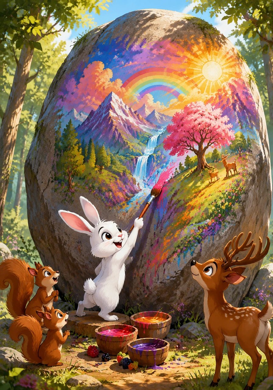Bien que sa machine n'ait pas encore décollé, Pinpin ne se découragea pas et s'essaya à la peinture monumentale sur le Grand Rocher de la clairière. Il utilisa des jus de baies colorées pour dessiner un monde merveilleux où chaque animal pourrait réaliser ses désirs les plus fous, inspirant tous ceux qui passaient par là.