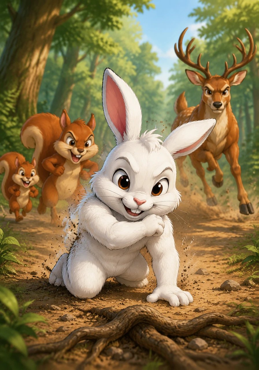 Au milieu de la course, Pinpin trébucha sur une racine cachée et tomba lourdement, mais il se releva immédiatement en époussetant sa fourrure blanche avec dignité. Avec un sourire déterminé et un regard plein de feu, il continua son chemin, prouvant que la vraie force réside dans la capacité à se redresser après chaque chute.