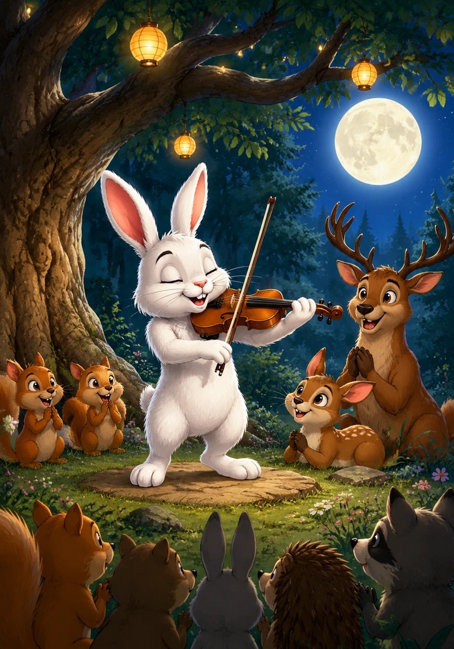 Pinpin se lança ensuite un nouveau défi audacieux : apprendre à jouer du violon pour le grand festival de la pleine lune. Il pratiquait sans relâche sous le vieux chêne, transformant ses premières fausses notes en une mélodie joyeuse qui finit par charmer et étonner tous les habitants de la forêt.