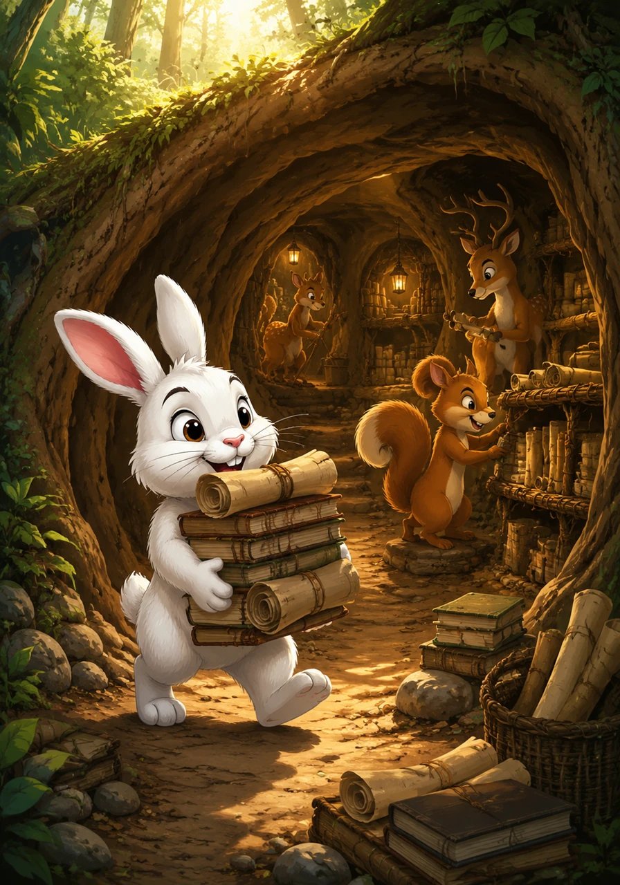 Toujours ambitieux pour sa communauté, il entreprit de créer la première bibliothèque souterraine pour partager le savoir avec tous ses amis. Il transportait des livres oubliés et des parchemins d'écorce, convaincu que la connaissance donnerait à chacun la force de croire en ses propres talents.