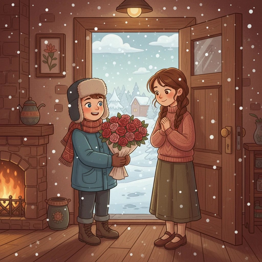 Внезапно в дверь постучали. Это был Петр, соседский мальчик, который принес Анне прекрасный букет роз. Его глаза сияли, а улыбка была искренней и доброй. Анна смущенно улыбнулась в ответ.