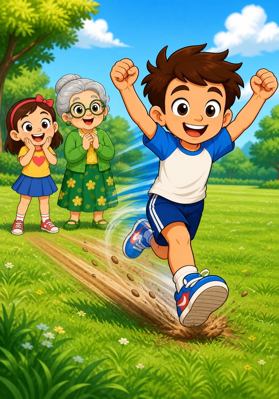 Down at the park, Jay took a deep breath and took off like a lightning bolt across the green grass. He zoomed past all his classmates, his sneakers a blur of speed. Super speed, he cheered as he crossed the imaginary finish line.