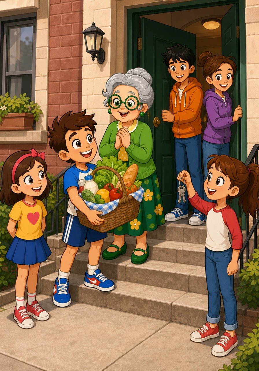 The five friends immediately sprang into action together to lend a hand. Mia caught Mrs. Green's quiet sigh of distress with her sharp hearing, while Jay rushed over to carry the heavy grocery basket. Meanwhile, Lena remembered that Mrs. Green had accidentally forgotten her keys at the store.