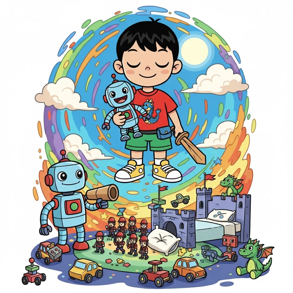 小明闭上眼睛,进入了一个五彩斑斓的梦境。他的房间变成了巨大的战场,所有的玩具都活了过来,准备开始一场激动人心的战斗。