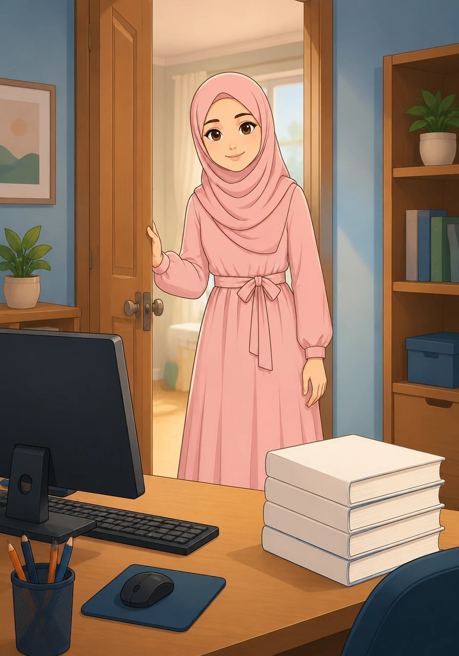His mother, wearing a elegant pastel hijab, enters the brightly lit room with a gentle expression. She looks toward his study desk, which is perfectly organized with a desktop computer and a neat stack of textbooks.