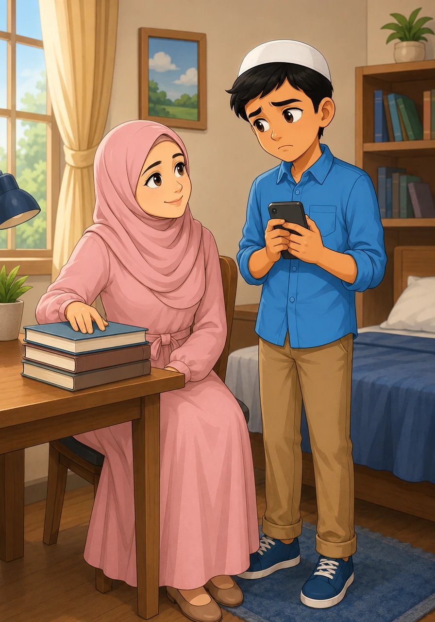 Sitting down on the chair by the desk, his mother taps the textbooks with a smile and reminds Tariq that his exams are approaching. Tariq slumps his shoulders slightly, holding his phone tightly as he tries to negotiate for just one more hour of gaming.
