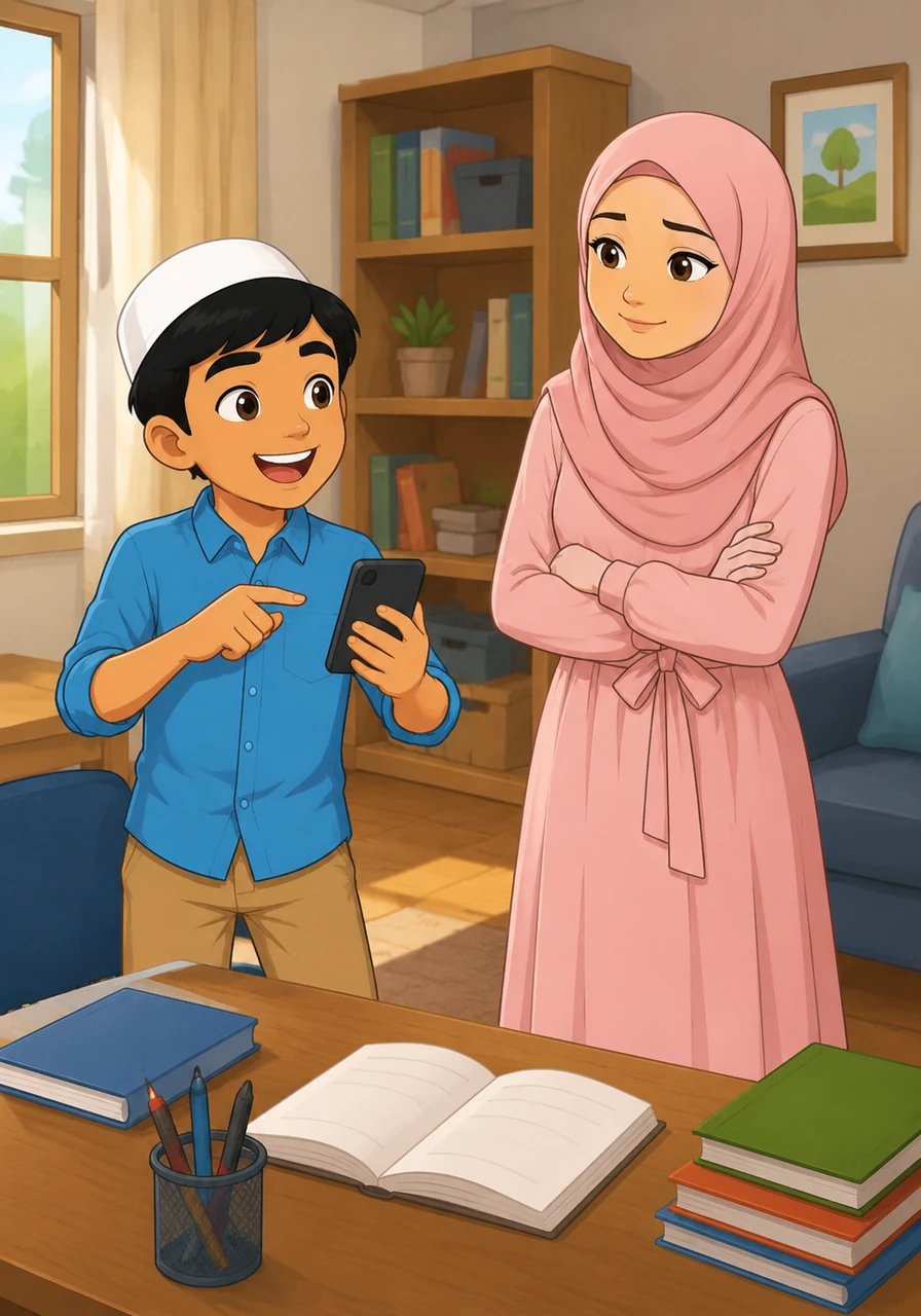 The atmosphere becomes a little tense as Tariq points to his phone, gesturing dynamically about how close he is to beating a high score. His mother listens patiently but folds her arms, shaking her head gently to show that schoolwork must come first.