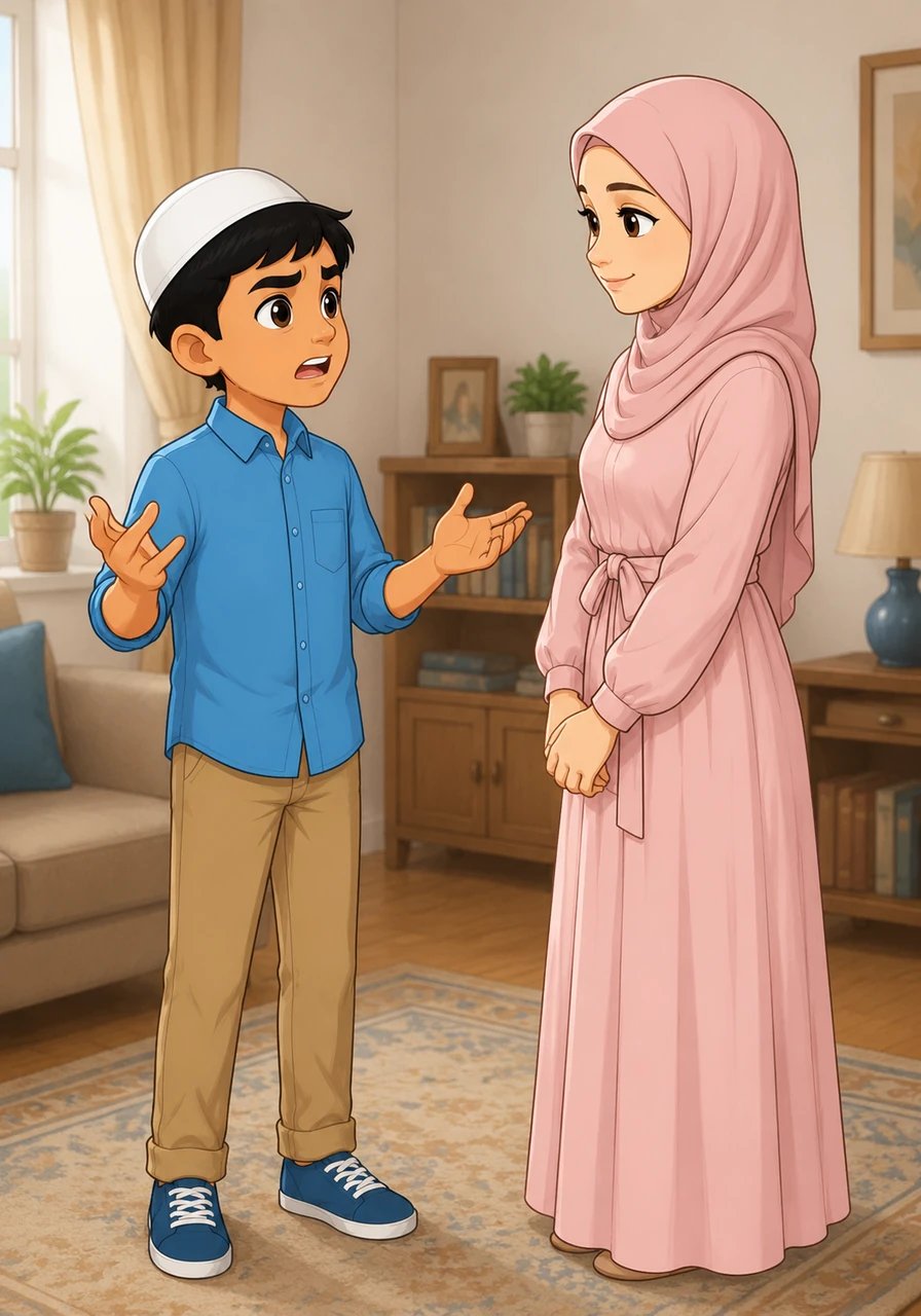 Tariq stands up, looking frustrated as he explains how hard he has already worked this week. His mother stands up too, looking into his eyes with deep affection and calmness, wanting him to understand the importance of his future.