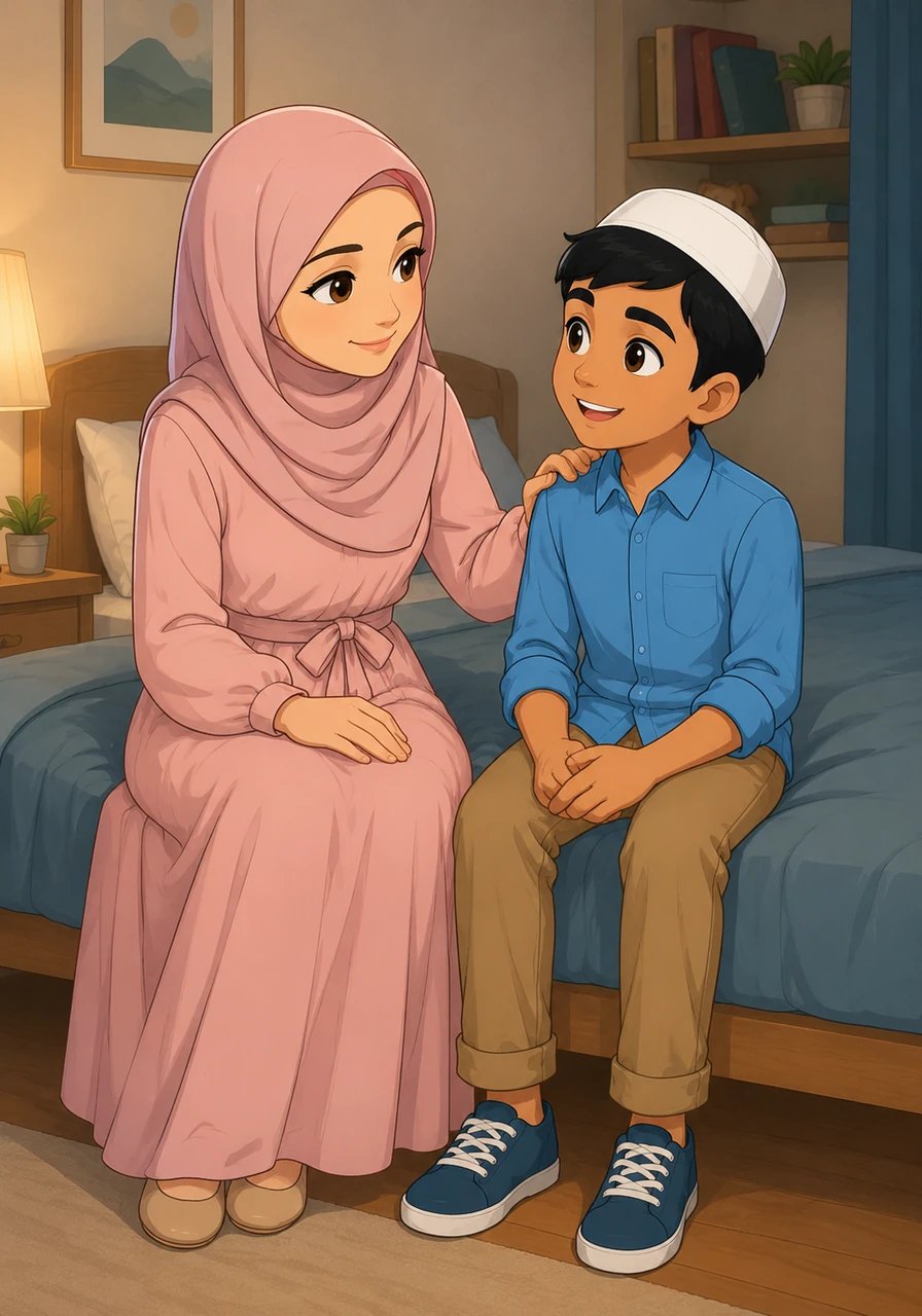 They both sit together on the edge of the bed to talk it out quietly. His mother places a gentle, reassuring hand on Tariq's shoulder, diffusing the tension as they begin to brainstorm a solution that satisfies them both.