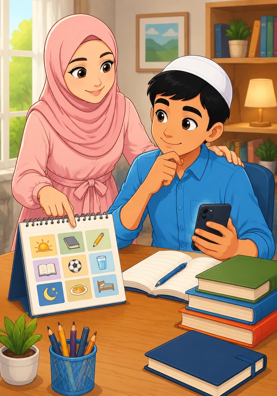 His mother points toward the desk calendar and suggests a structured daily routine. Tariq looks at the books, then at his phone, realizing that his mother only wants what is best for him.