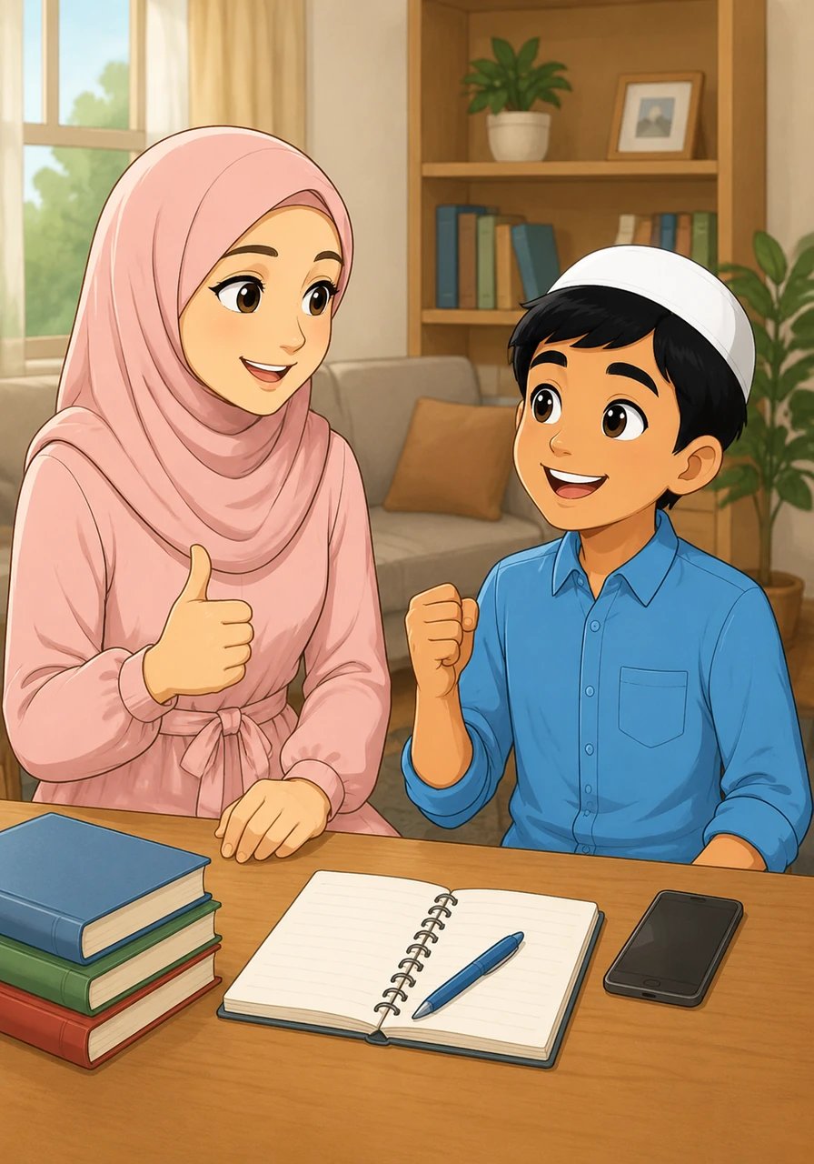 A bright smile breaks across Tariq's face as they reach a perfect agreement. They decide on a clear rule: three hours of focused studying every afternoon, followed by two rewarding hours of phone time.