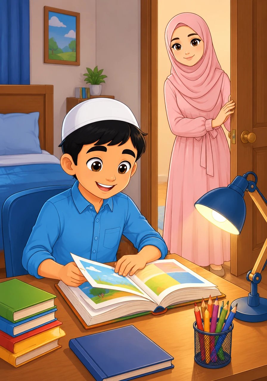 Tariq sits enthusiastically at his small desk, opening his colorful textbook under the warm glow of the desk lamp. His mother stands by the doorway, looking back with a proud and peaceful smile as her son begins to read.