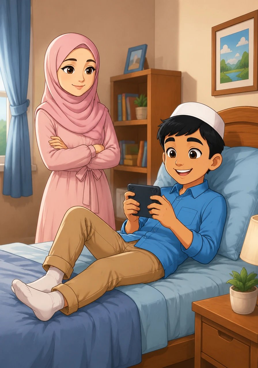 With his study time successfully completed, Tariq happily relaxes on his bed enjoying his two hours of phone time. The room feels peaceful and balanced, filled with the warmth of a family bond strengthened by understanding and respect.