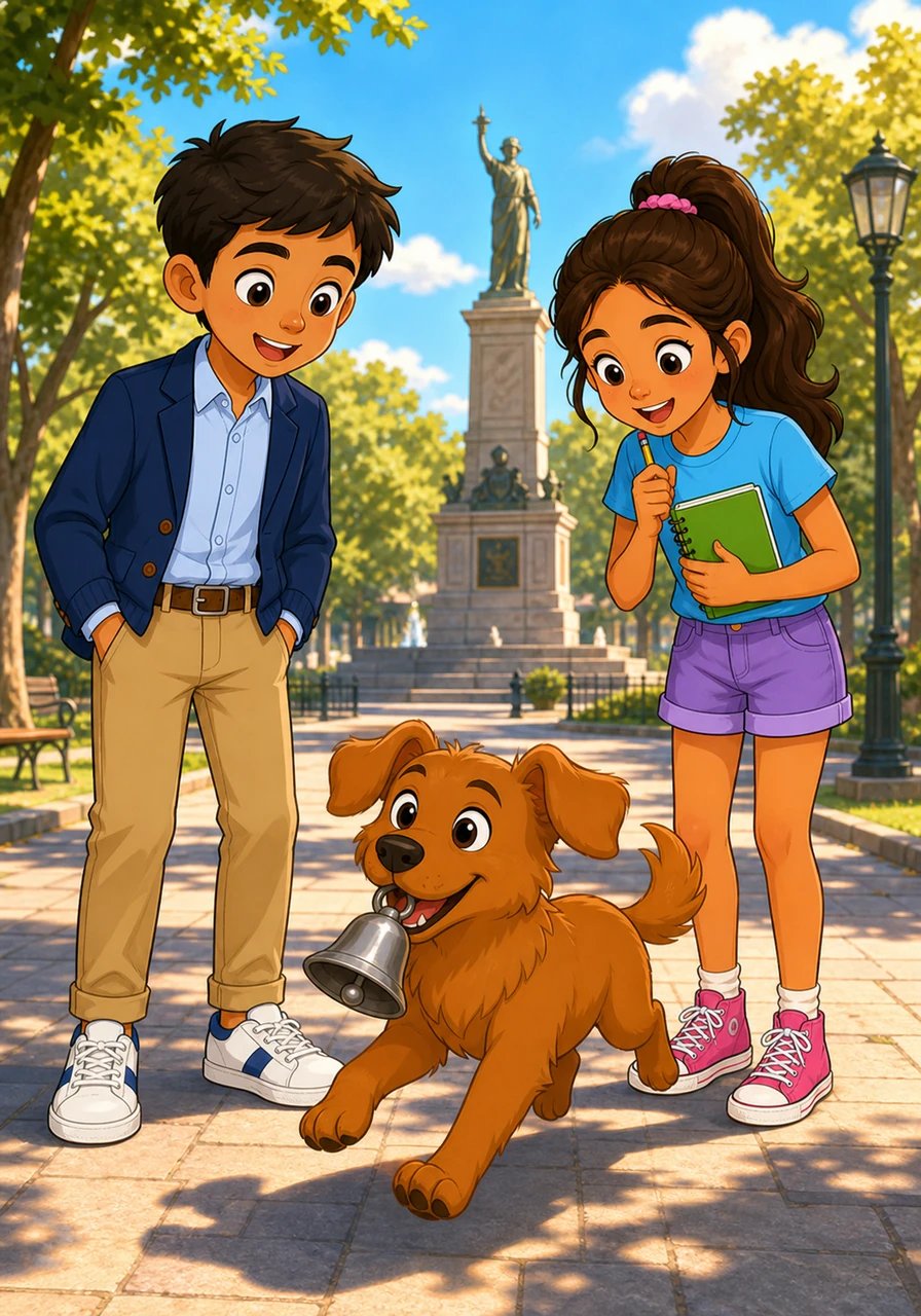 Mateo y Sofía, dos amigos de sexto grado apasionados por los enigmas, disfrutaban de una tarde soleada en la Plaza 25 de Mayo en San Juan. Repentinamente, Toby, un simpático perro mestizo de pelaje cobrizo, corrió hacia ellos sosteniendo un extraño cascabel de plata entre sus dientes.