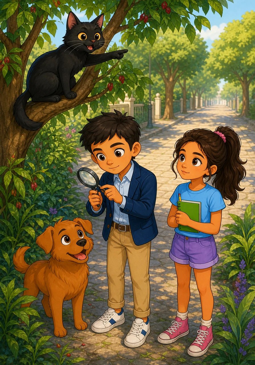 Mientras inspeccionaban el jardín, Misa, una elegante gata negra con deslumbrantes ojos dorados, maulló desde la rama de un pimentero señalando hacia la arbolada avenida. Mateo ajustó su lupa de detective mientras Sofía anotaba cuidadosamente cada sospecha en su libreta de campo.