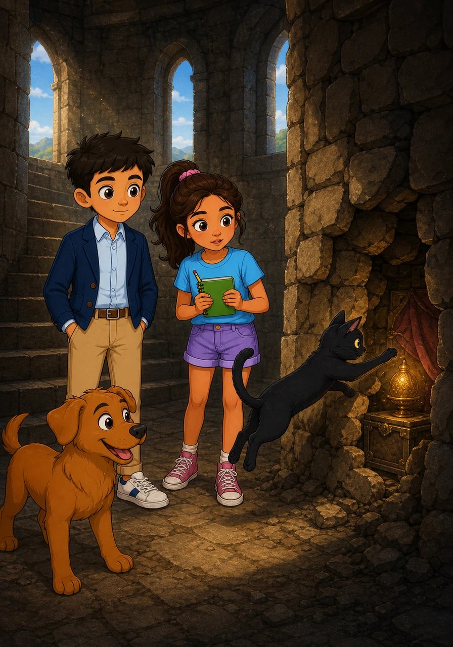 Mateo y Sofía subieron cautelosamente los antiguos escalones de la torre acompañados por sus fieles compañeros de cuatro patas. Al llegar a la parte alta, Misa dio un salto ágil hacia un rincón sombreado, revelando la guarida secreta donde se escondía el objeto robado.