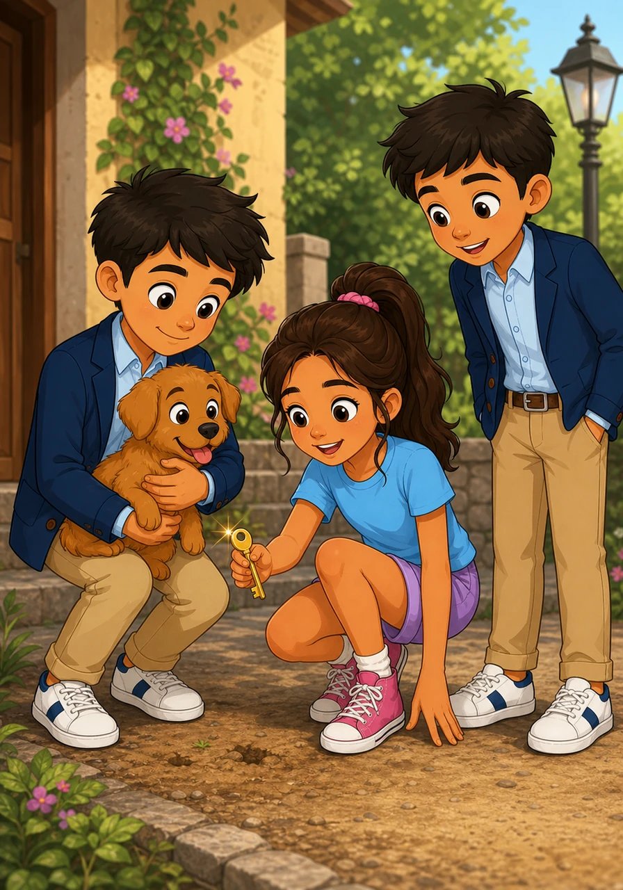 Para sorpresa de los jóvenes investigadores, no se trataba de un hábil ladrón, sino de un pequeño cachorro callejero que había tomado la brillante llave creyendo que era un divertido juguete. Toby acurrucó con ternura al cachorrito mientras Sofía recuperaba la valiosa pieza intacta.