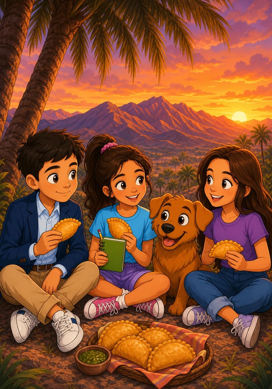 Con el caso resuelto y las montañas de la cordillera tiñéndose de tonos violetas al atardecer, Mateo, Sofía, Toby y Misa compartieron unas ricas empanadas a la sombra de las palmeras. Sonriendo con orgullo, los amigos supieron que ningún enigma sería imposible para la mejor agencia de detectives de San Juan.
