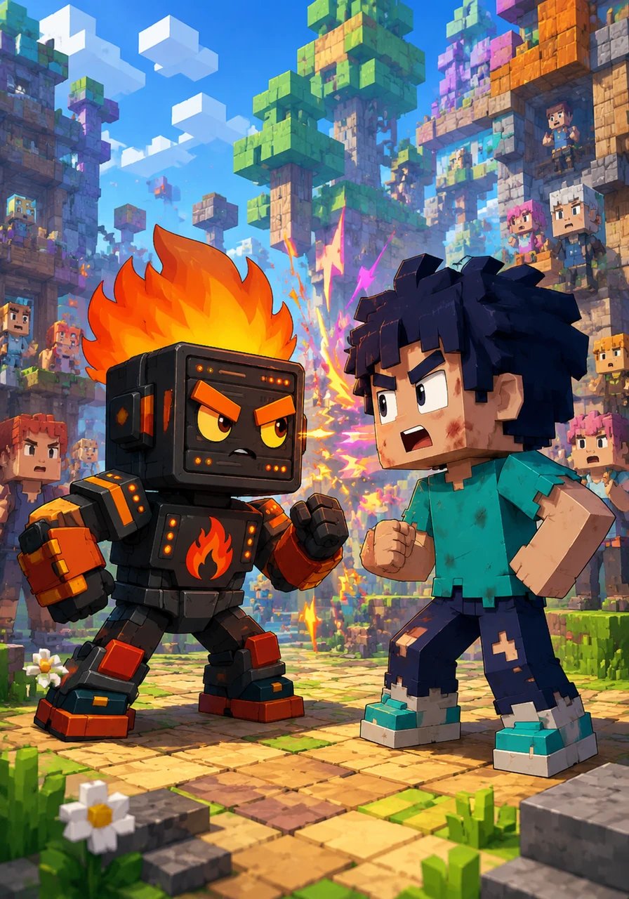 Flamefraggs and Wemmbu often clash in the bustling blocky server, their arguments lighting up the creative world like bursts of energy. They stand amidst towering structures, passionately debating their next grand project, with colorful chat bubbles and sparks flying between them as other players watch.