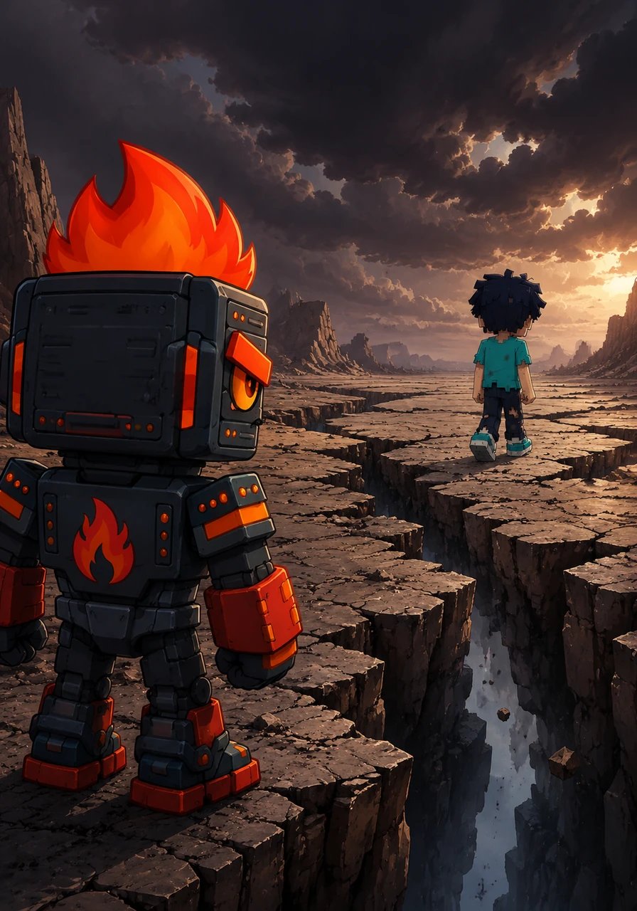 A particularly deep debate about the server's future creates deep cracks and chasms in the landscape between their bases. Flamefraggs feels a sense of worry and possessiveness, fearing their disagreements will cause Wemmbu to leave. He watches Wemmbu walk away across the fractured ground, determined to find a way to keep him close.