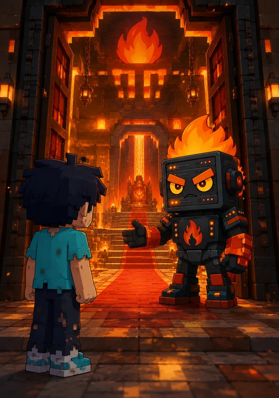 Flamefraggs invites Wemmbu to his intricate, fiery-themed base for a special, uninterrupted conversation to work things out. The elaborate base is made of shimmering blocks and glowing magma, suggesting intense emotions. Wemmbu hesitantly enters the grand entrance, hoping for reconciliation and new ideas.