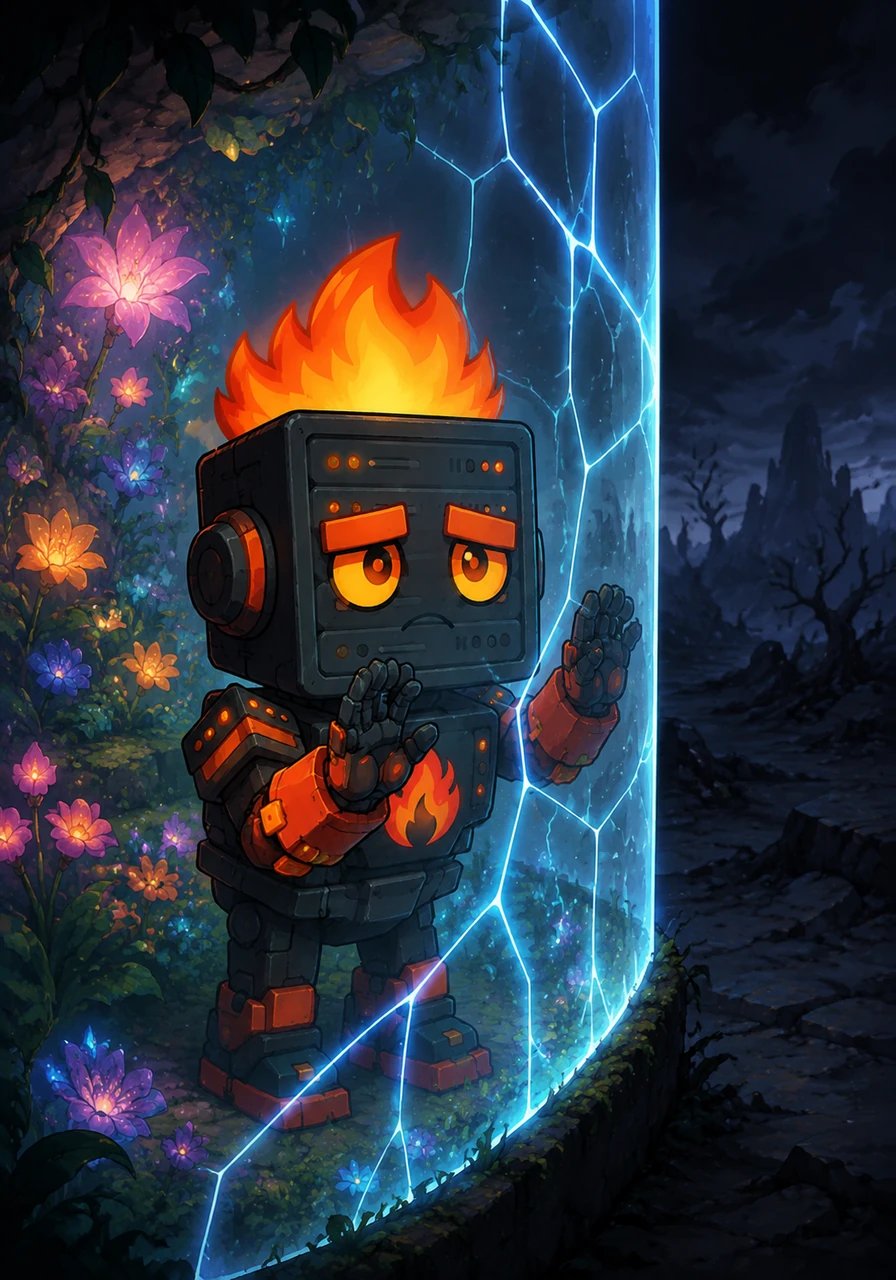 Wemmbu, feeling trapped rather than protected, tries interacting with the barrier, but the magical lines hold, limiting his movement and expression in the glowing garden. He longs for the freedom of the open world and becomes quiet and withdrawn, his usual creative fire fading.