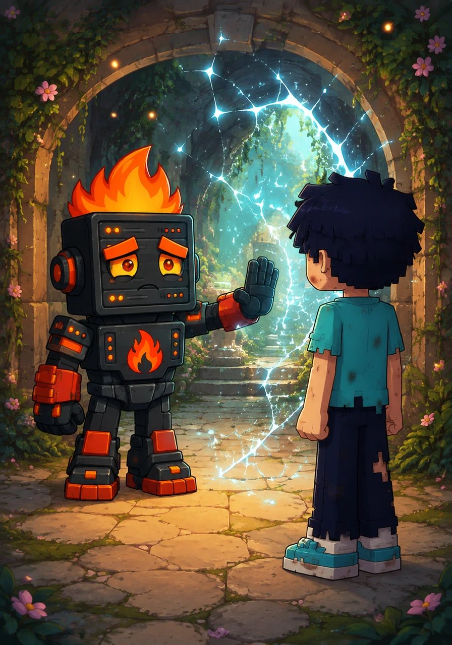 Flamefraggs, understanding that true friendship requires freedom and trust, decides to deactivate the shimmering magical barrier, letting the glowing lines fade away and opening the garden chamber. He looks at Wemmbu, his expression full of regret and hope for reconciliation.