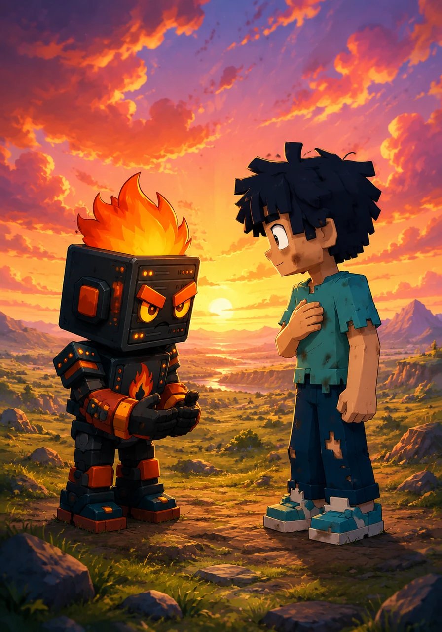 Outside in the wide-open world, Flamefraggs apologizes to Wemmbu, promising to respect freedom and build understanding without trying to control. They stand together under a colorful sky, looking towards new horizons, having learned a valuable lesson about complex relationships and mutual respect.