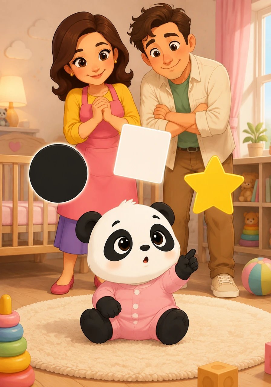 Regarde les jolies formes géométriques qui s'animent autour de Mimi. Un grand cercle noir, un carré tout blanc et une brillante étoile jaune apparaissent clairement. Tes petits yeux apprennent doucement à se fixer et à suivre ces belles images contrastées.