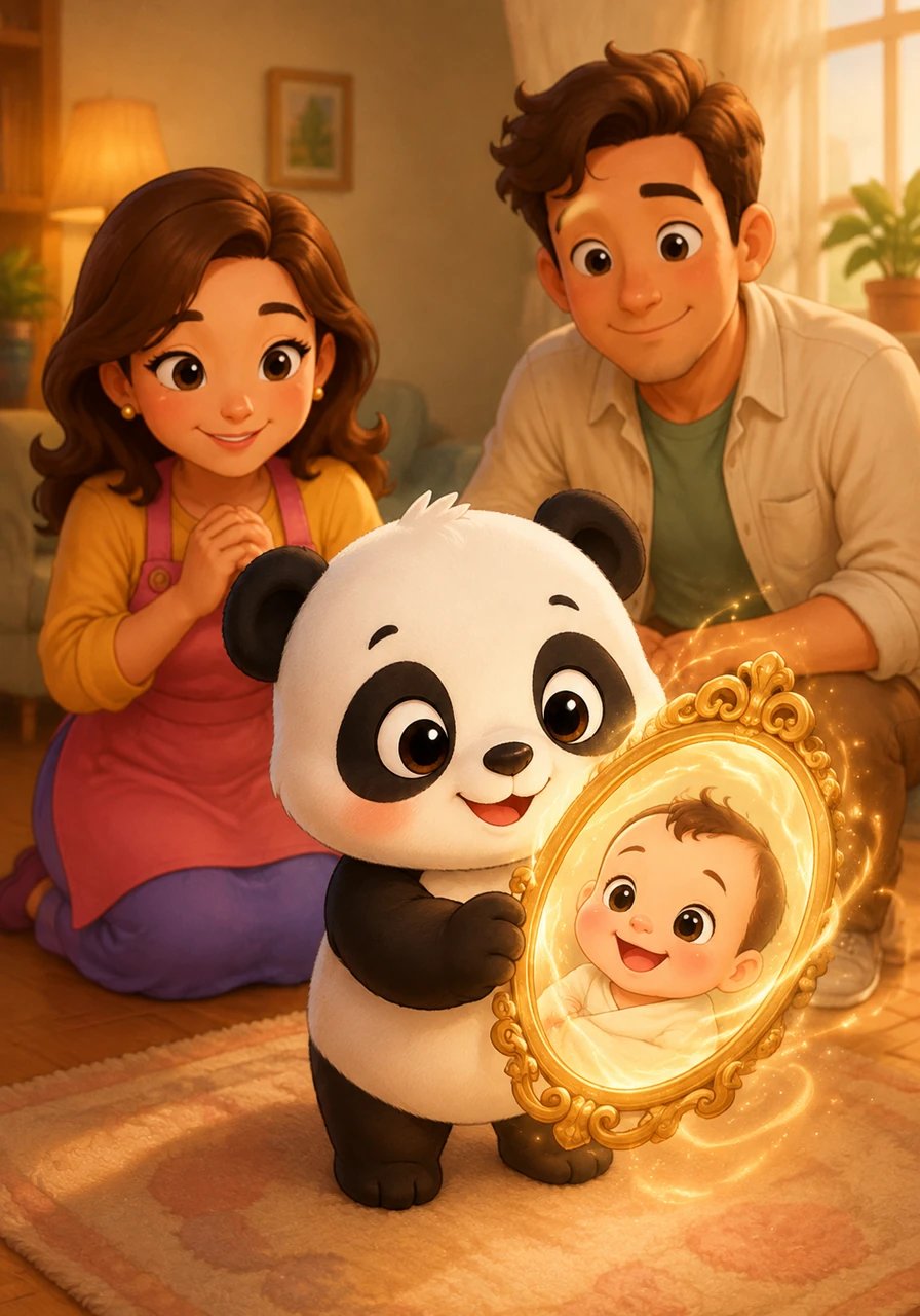 Découvre le miroir magique que Mimi tient entre ses pattes. Qui est ce bébé adorable aux joues roses que l'on aperçoit au centre ? C'est toi, précieux et aimé, qui illumines chaque jour la vie de tes parents.