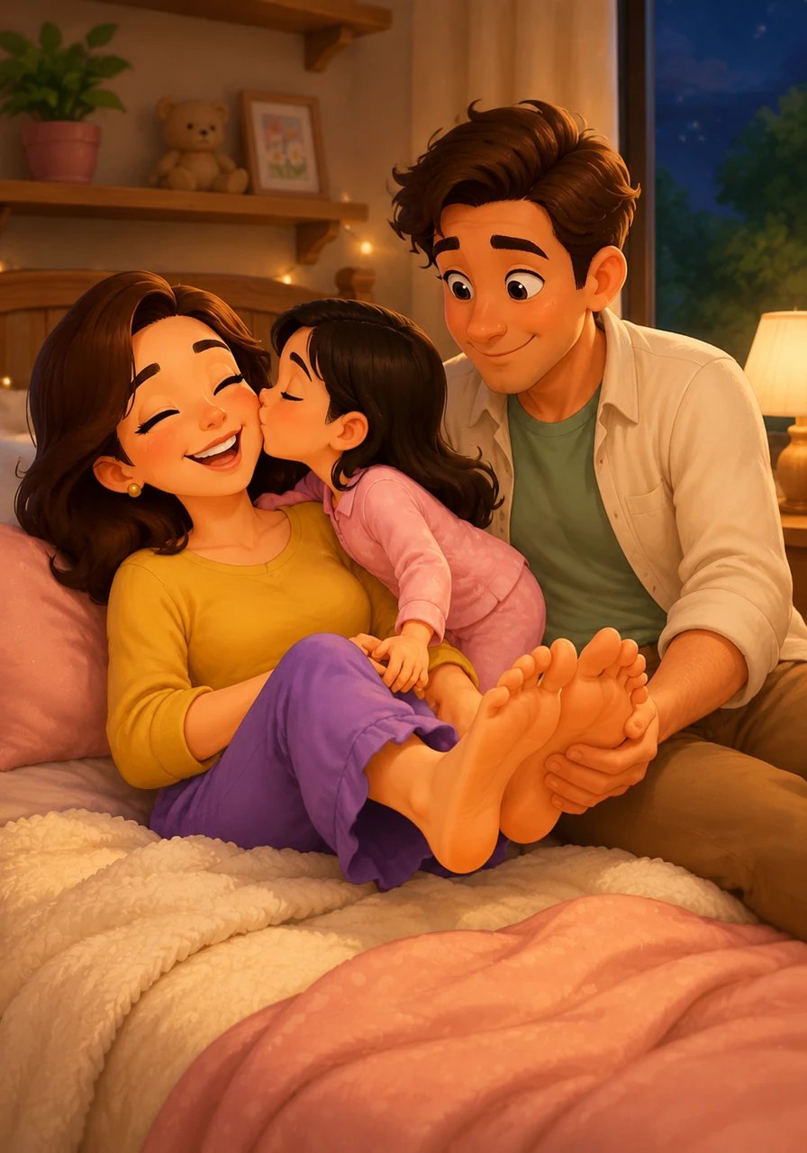 C'est l'heure des petits papouilles sur les pieds et dans le cou ! Mimi approche son petit nez tout doux pour poser des bisous légers comme des plumes. Un doux moment de câlins et de complicité s'installe dans la pièce.