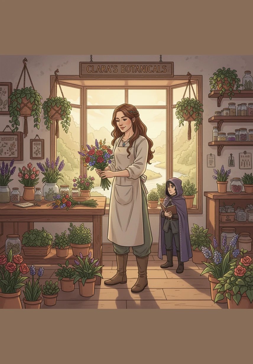 Clara organiza girassóis vibrantes na vitrine de sua aconchegante floricultura enquanto o sol da manhã ilumina a rua de paralelepípedos. O perfume dos lírios frescos preenche o ar, e ela sorri para a beleza tranquila da vizinhança que começa a despertar.
