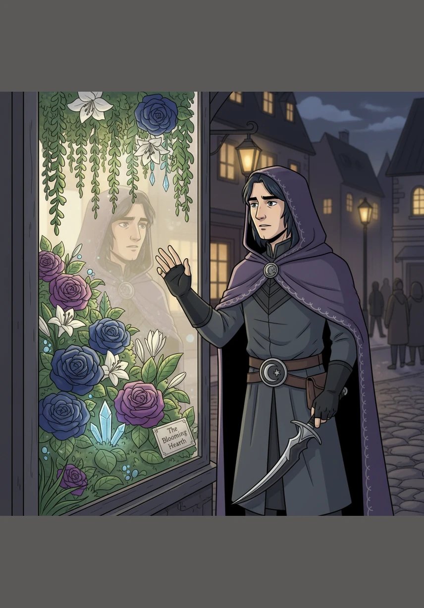 Um estranho misterioso chamado Gabriel para diante da vitrine, cativado por uma hortênsia azul específica que se destaca entre as outras flores. Ele carrega um caderno de desenhos gasto sob o braço e usa um cachecol que balança suavemente com a brisa matinal.