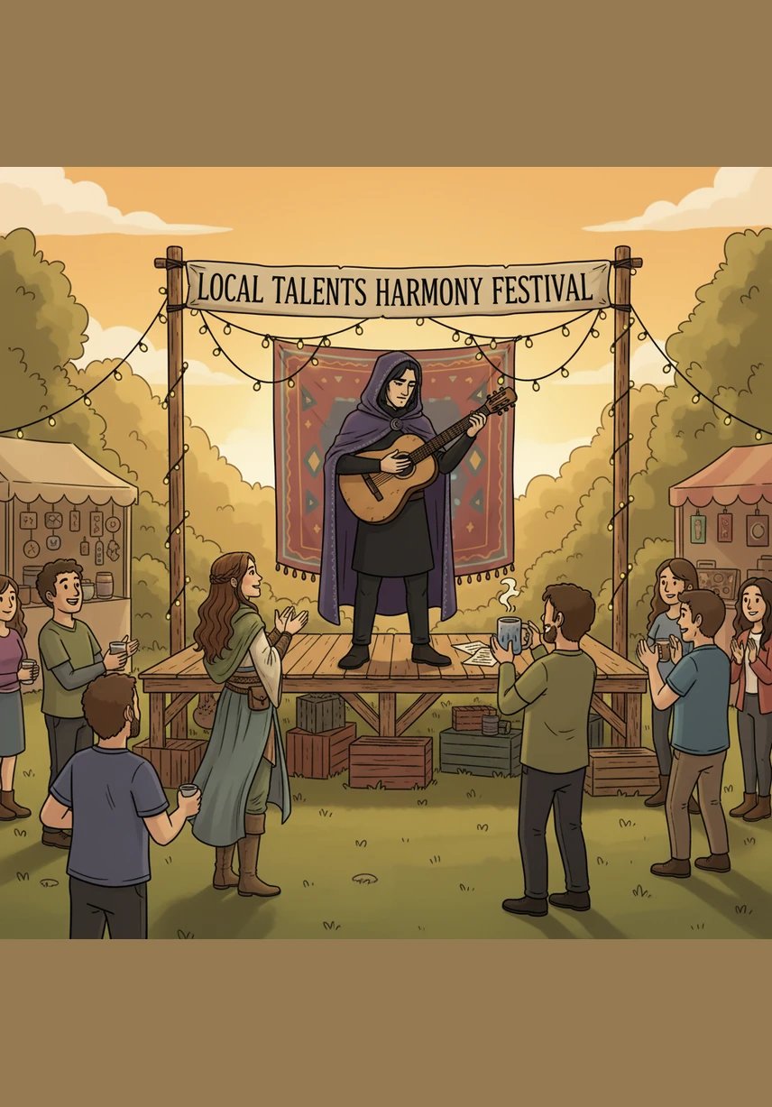 Em um festival local de música, Gabriel sobe ao pequeno palco e toca uma melodia suave em seu violão sob um dossel de luzes de fada. Clara o observa da multidão, sentindo uma harmonia em seu próprio coração que parece dançar junto com as notas musicais dele.